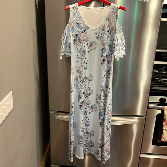 BLUE Japanese pink plants COLD open SHOULDER V neck coquette MAXI DRESS Asian M - Picture 2 of 16